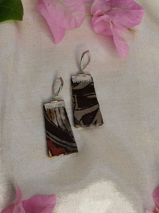 Brown Grey Mini Hand Block Printed Fabric Earrings