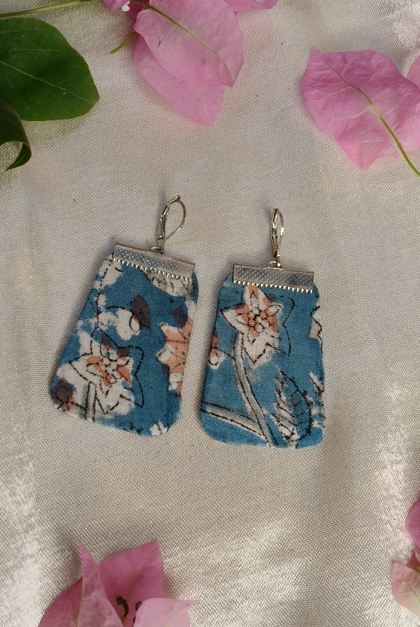 Blue Floral Hand Block Printed Fabric Earrings
