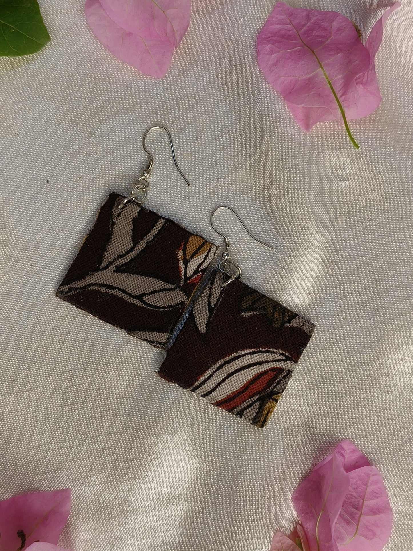 Brown Grey Diamond Hand Block Printed Fabric Earrings