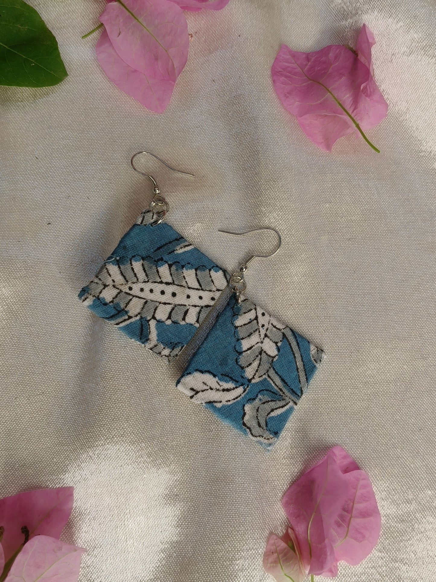 Blue Floral Diamond Hand Block Printed Fabric Earrings