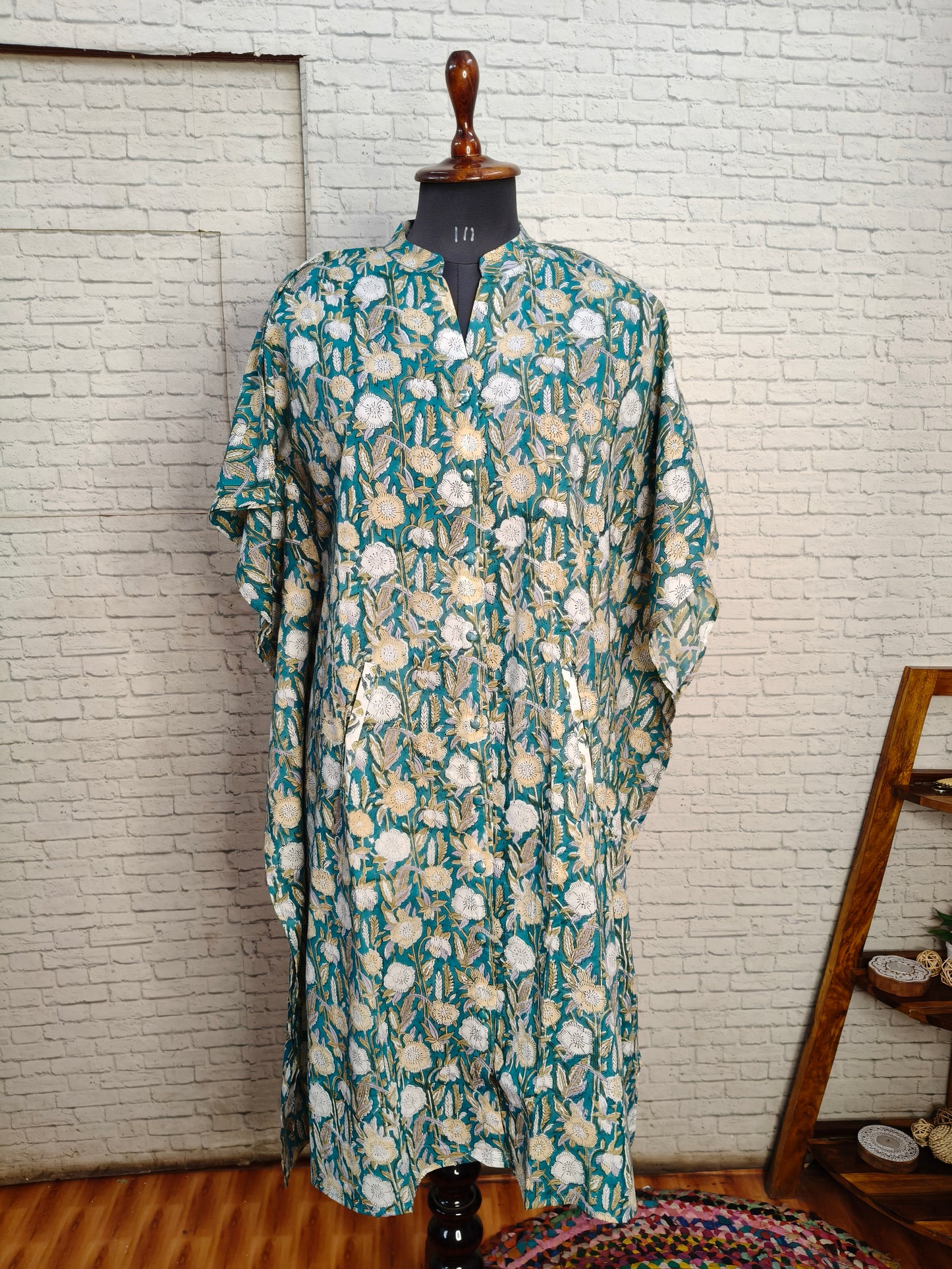 Green Floral High Low Hand Block Printed Midi Cotton Shirt Kaftan