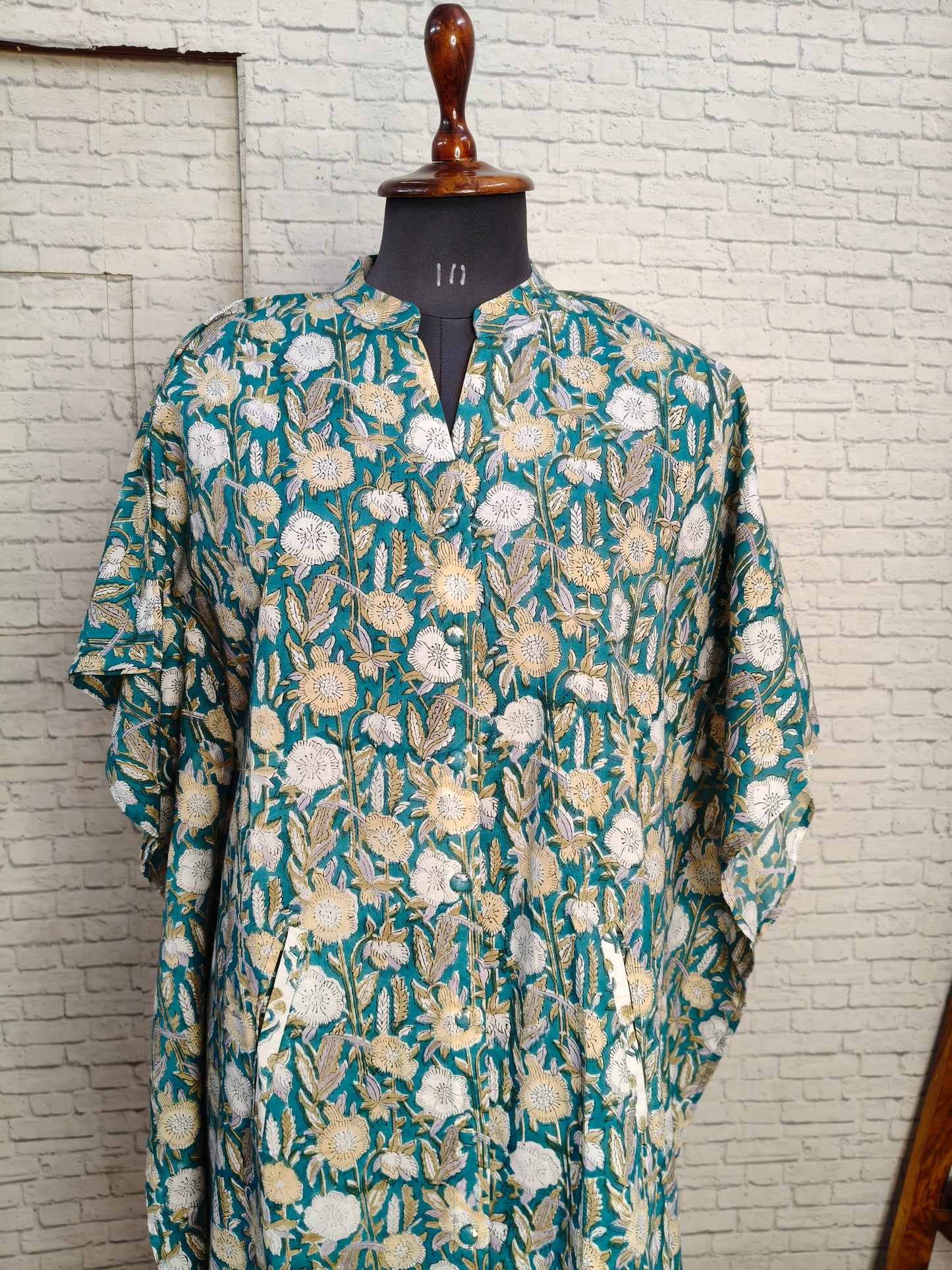 Green Floral High Low Hand Block Printed Midi Cotton Shirt Kaftan