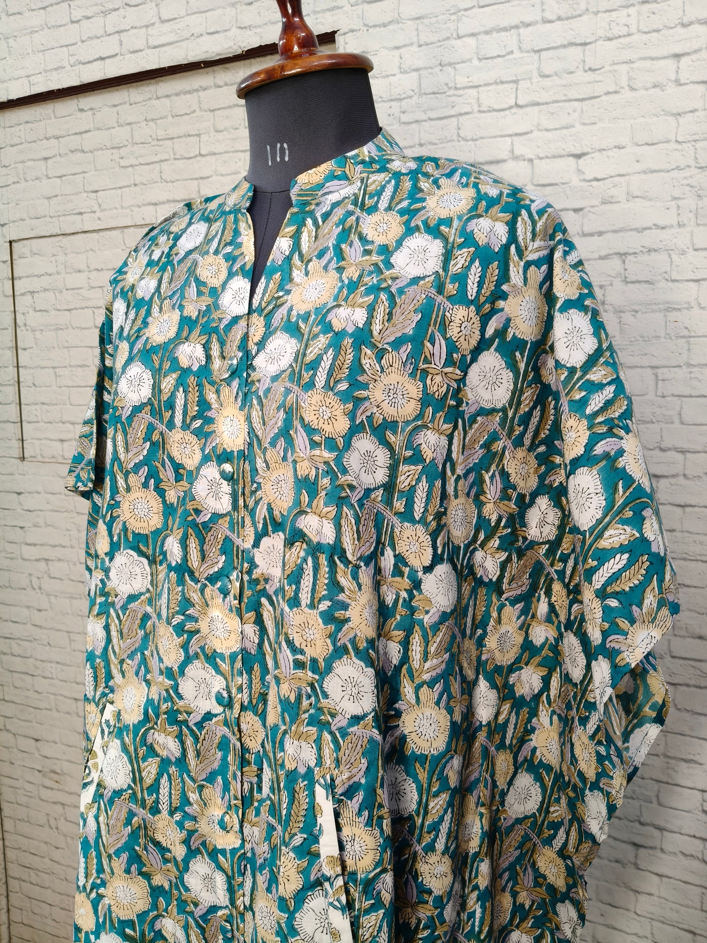Green Floral High Low Hand Block Printed Midi Cotton Shirt Kaftan