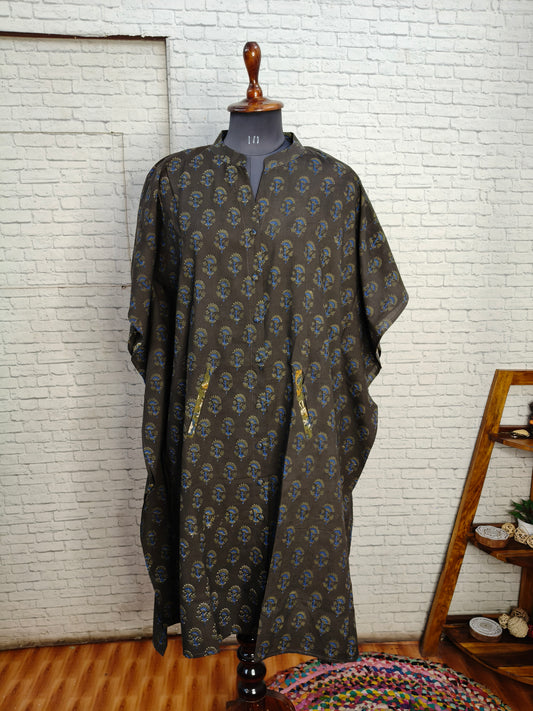 Black Green High Low Hand Block Printed Midi Cotton Shirt Kaftan