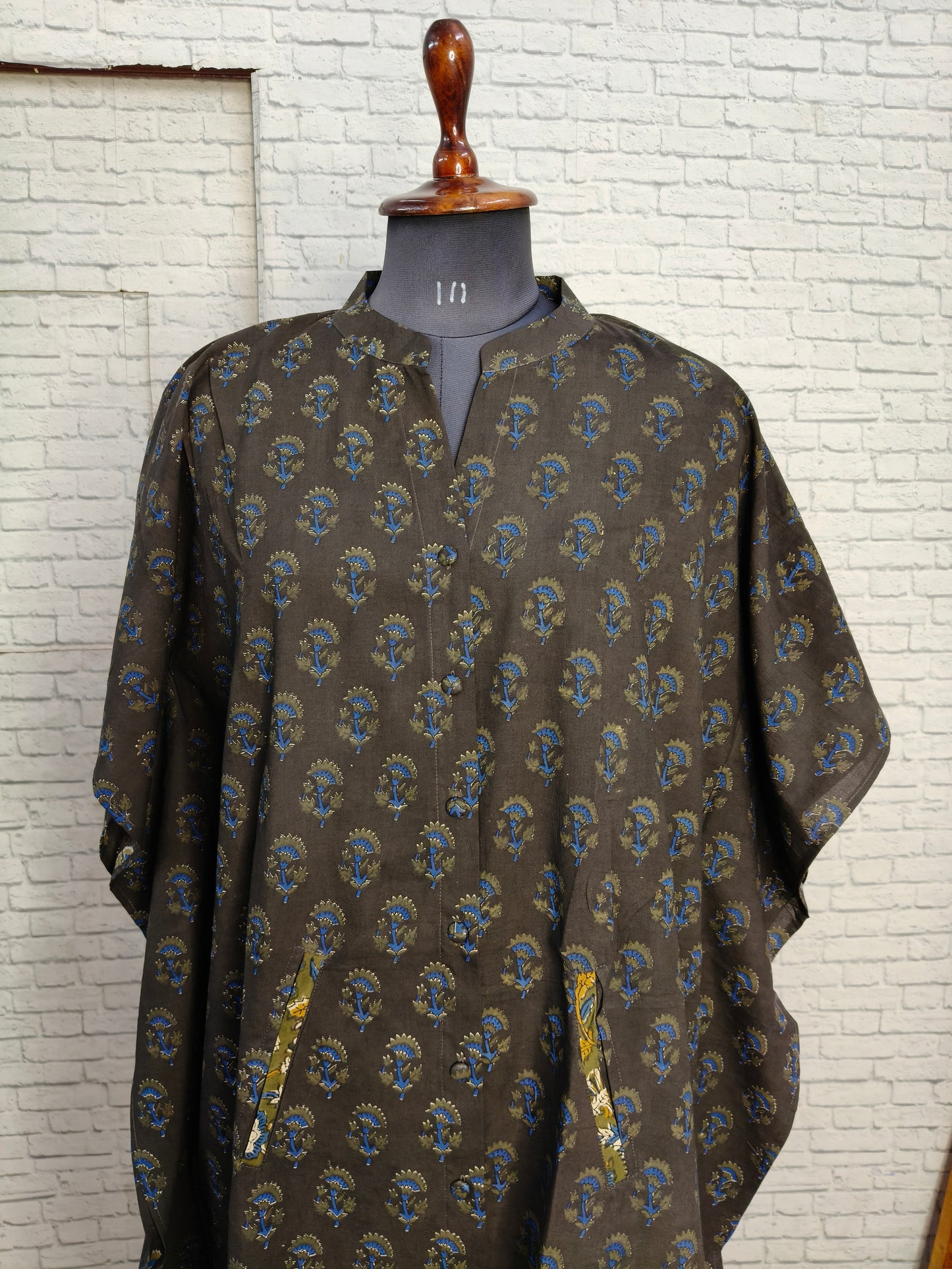 Black Green High Low Hand Block Printed Midi Cotton Shirt Kaftan