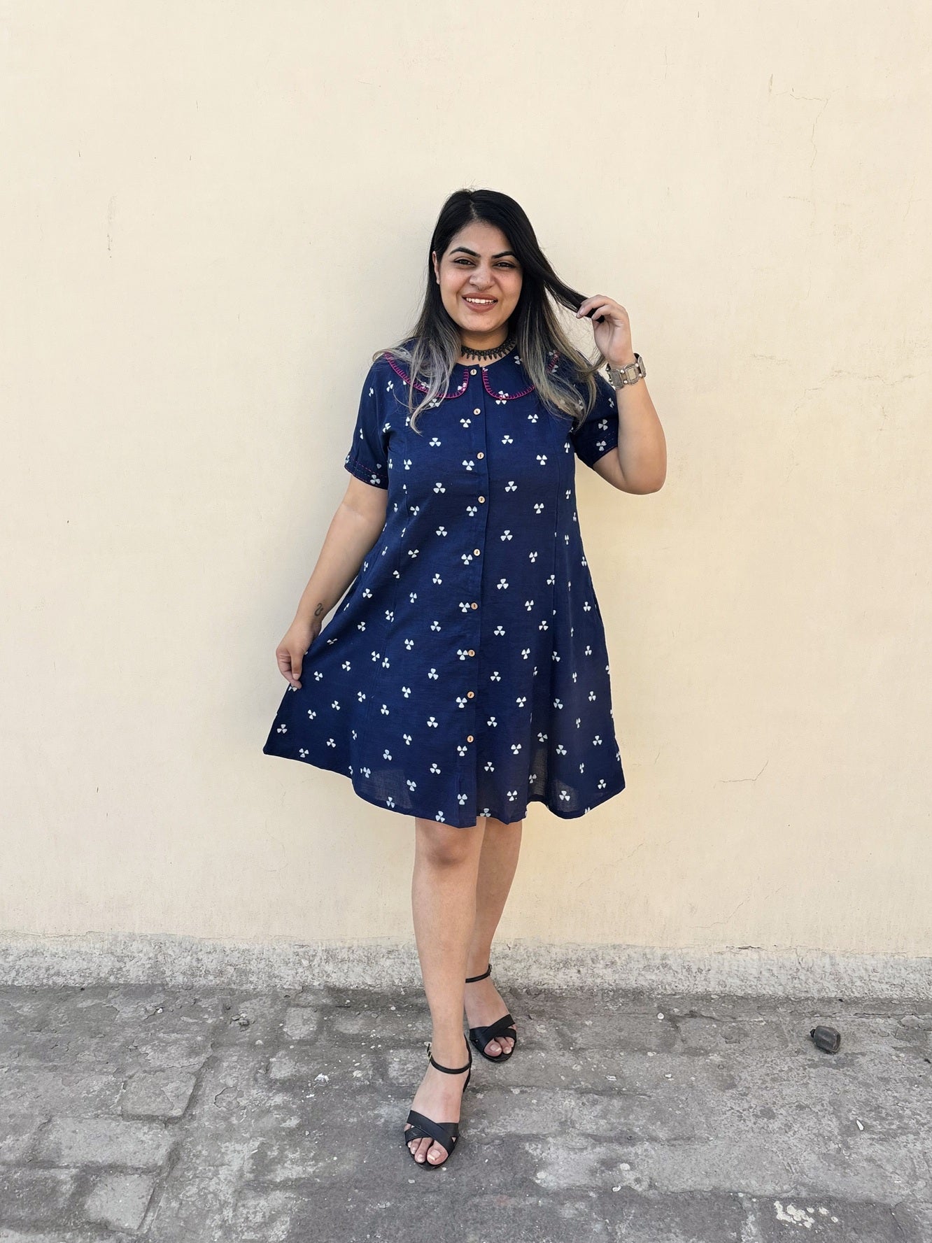 Neeli Knee Length Shirt Dress with Peter Pan Collar