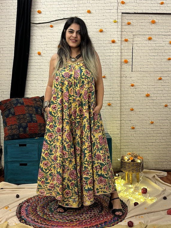 Adira Hand Block Printed Flared Jumpsuit with Gota