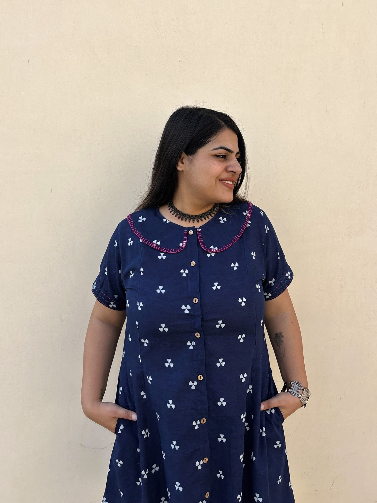 Neeli Knee Length Shirt Dress with Peter Pan Collar