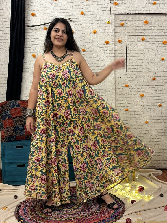 Adira Hand Block Printed Flared Jumpsuit with Gota