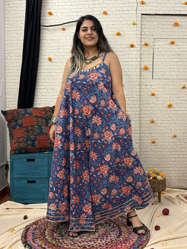 Mahika Hand Block Printed Flared Jumpsuit with Gota