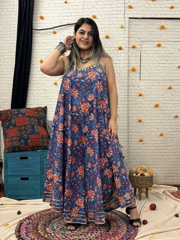 Mahika Hand Block Printed Flared Jumpsuit with Gota