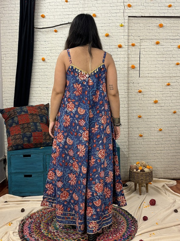 Mahika Hand Block Printed Flared Jumpsuit with Gota