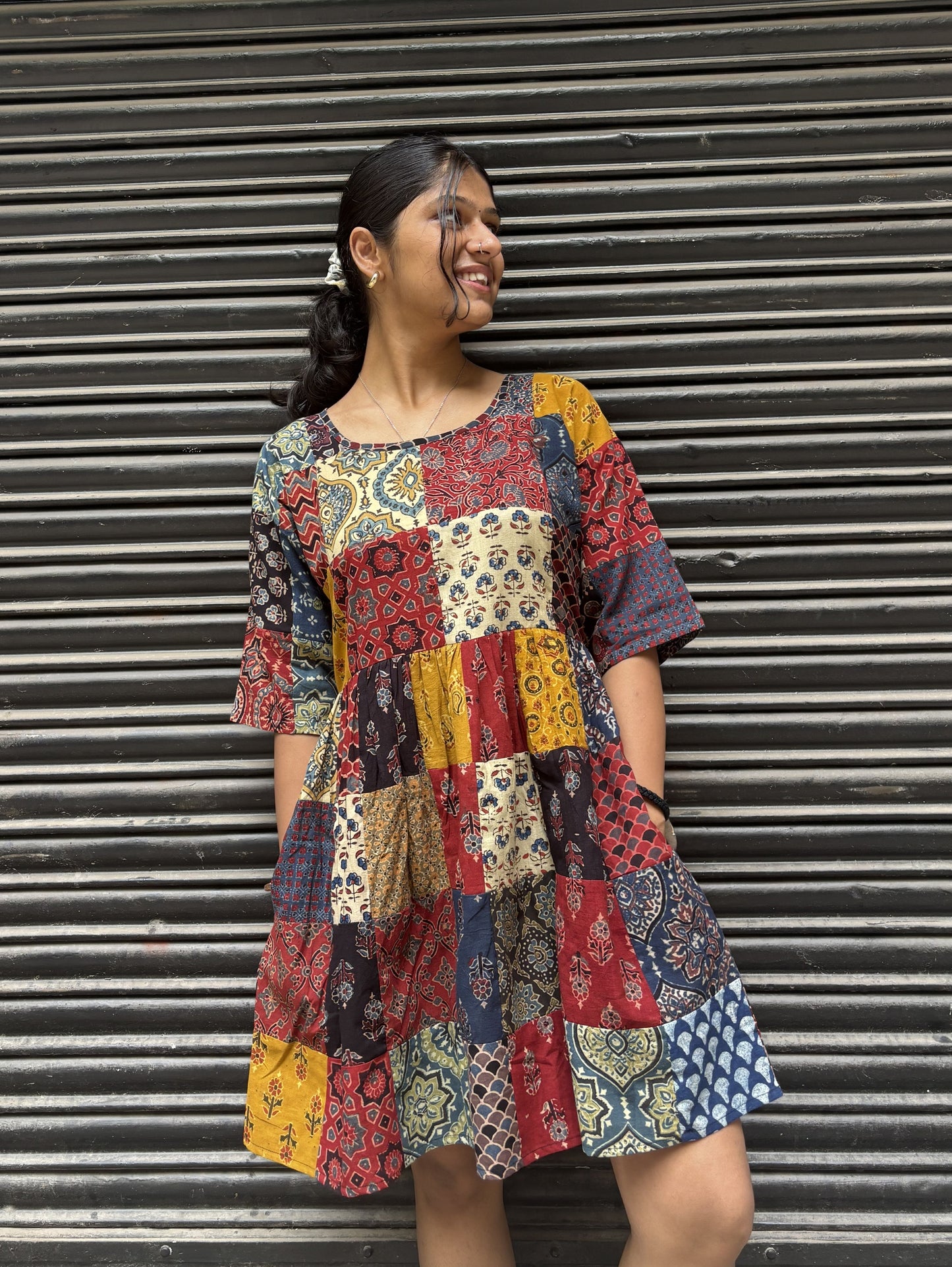Ajrakh Patchwork Hand Block Printed Comfort Fit Knee Length Dress
