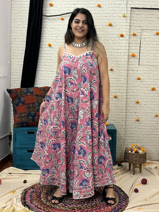 Gulabo Hand Block Printed Flared Jumpsuit with Gota Detailing