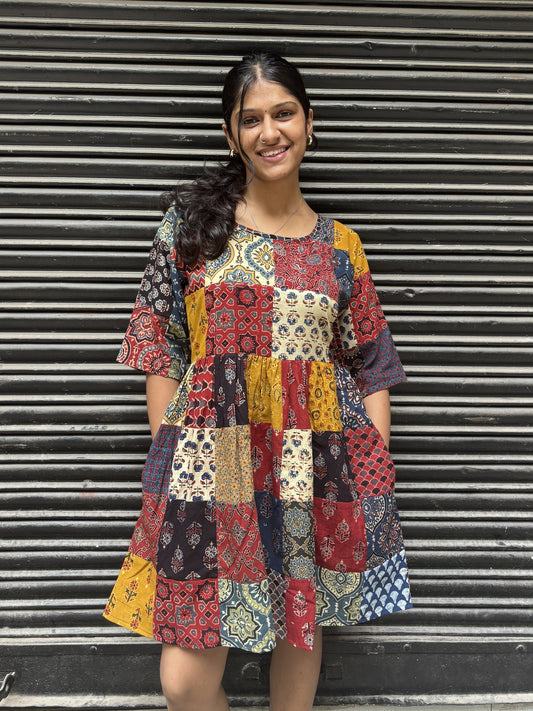 Ajrakh Patchwork Hand Block Printed Comfort Fit Knee Length Dress
