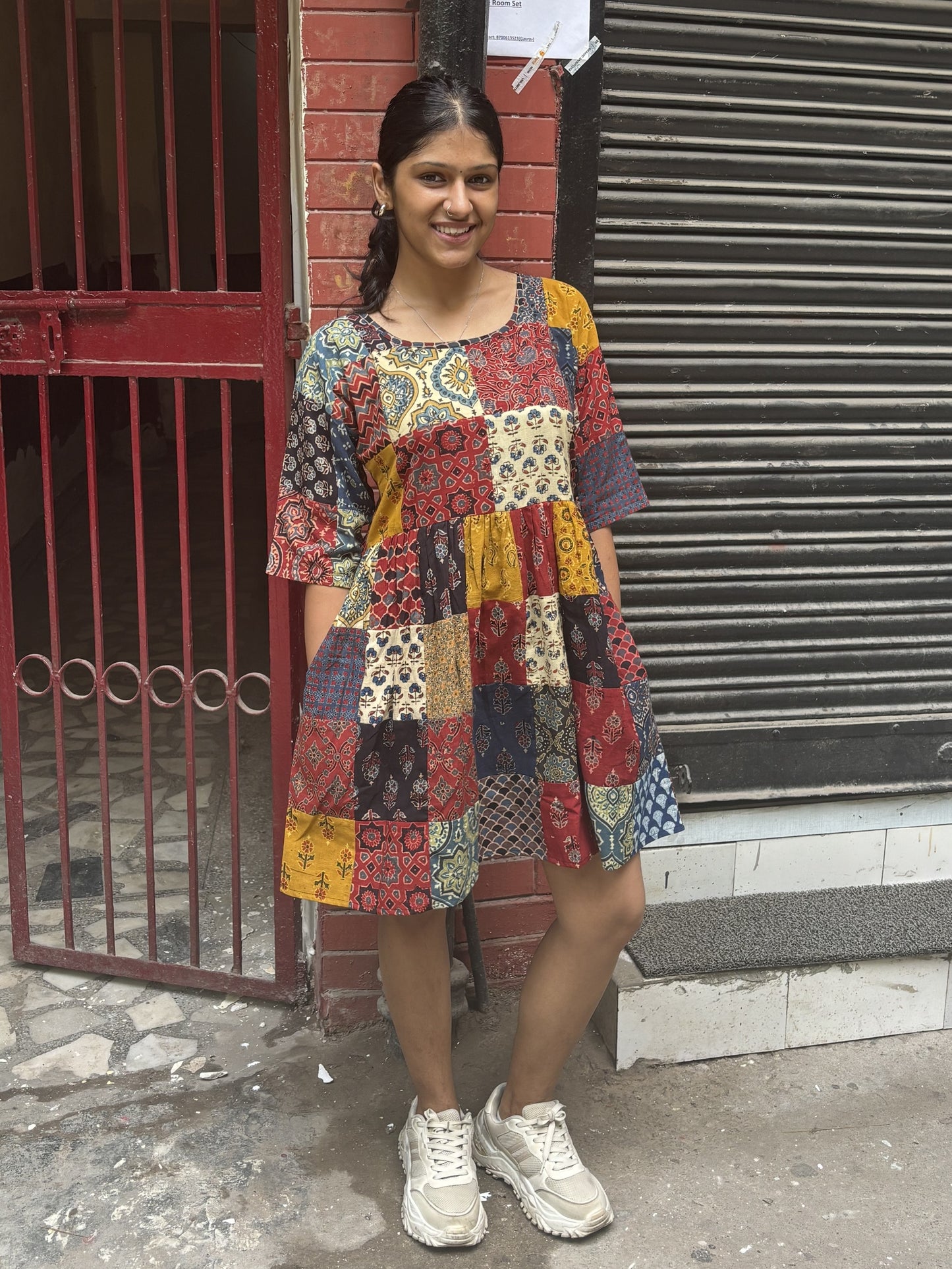 Ajrakh Patchwork Hand Block Printed Comfort Fit Knee Length Dress