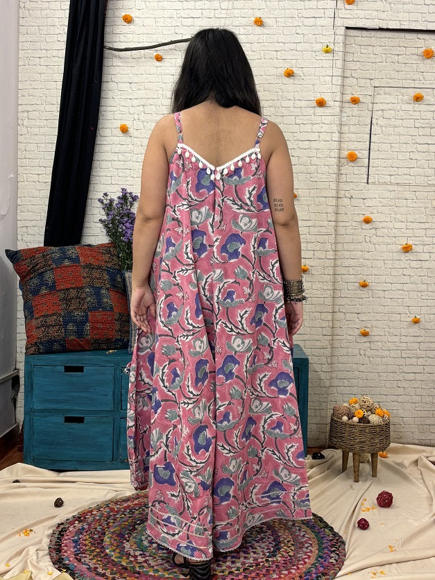 Gulabo Hand Block Printed Flared Jumpsuit with Gota Detailing