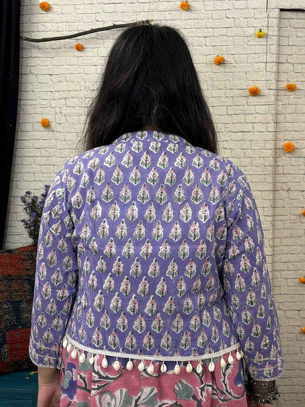 Lavender Hand Block Printed Shrug with Shell Detailing