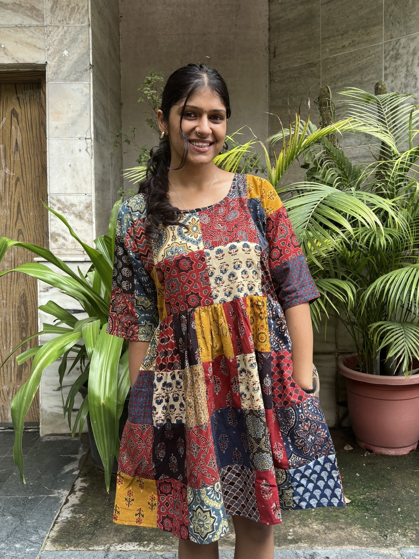 Ajrakh Patchwork Hand Block Printed Comfort Fit Knee Length Dress