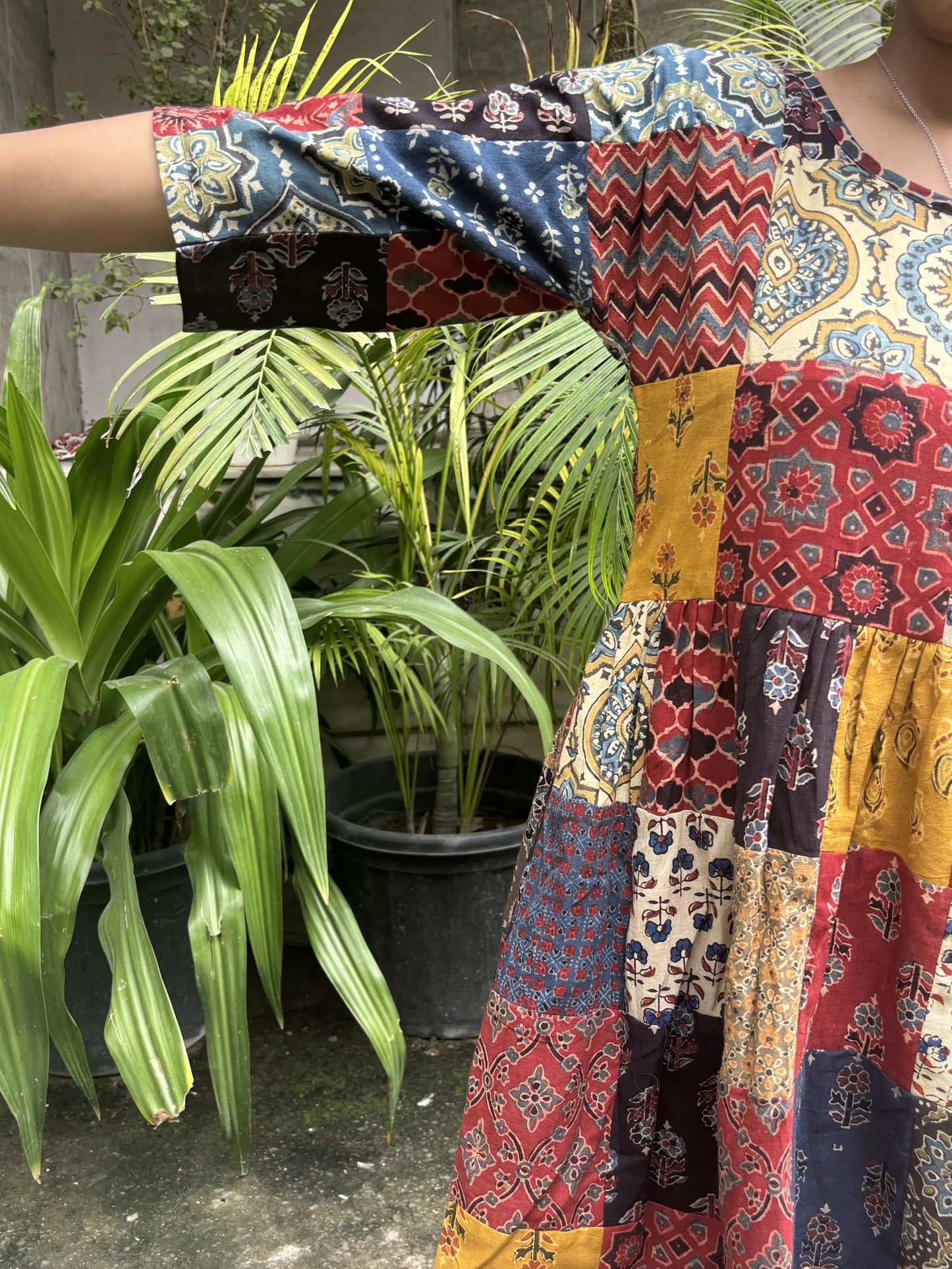 Ajrakh Patchwork Hand Block Printed Comfort Fit Knee Length Dress