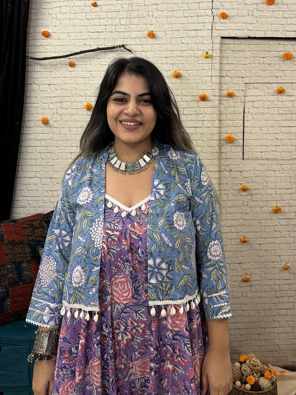 Powder Blue Hand Block Printed Shrug with Shell Detailing