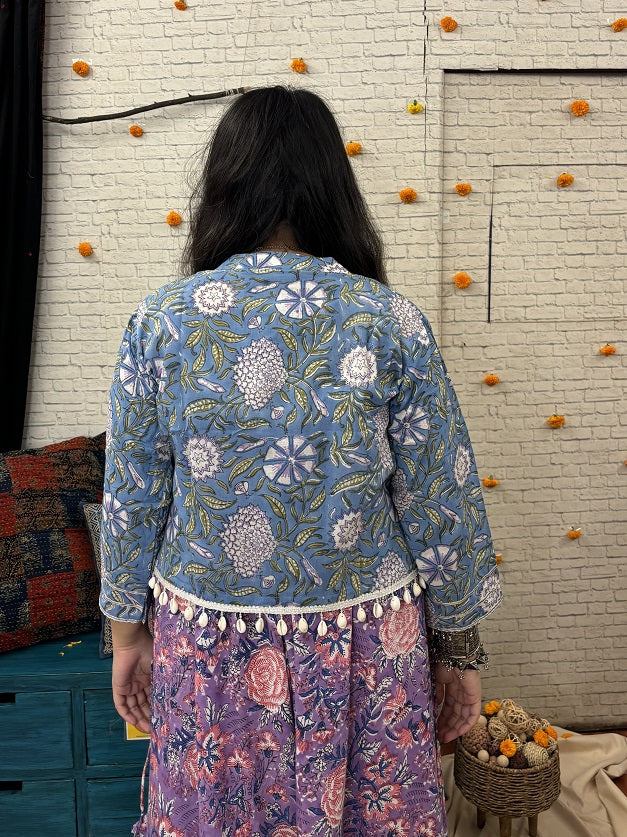 Powder Blue Hand Block Printed Shrug with Shell Detailing