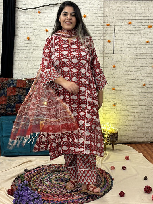 Anaar Hand Block Printed Suit Set with Lace Detailing