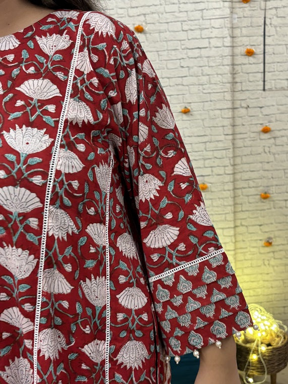 Anaar Hand Block Printed Suit Set with Lace Detailing