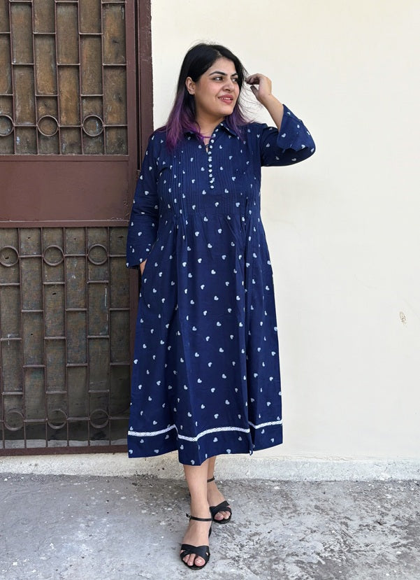 Lil Hearts Indigo Midi Dress with Pintuck Detailing