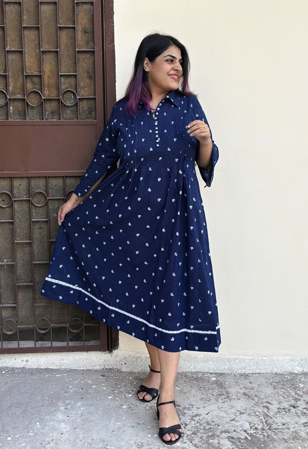 Lil Hearts Indigo Midi Dress with Pintuck Detailing