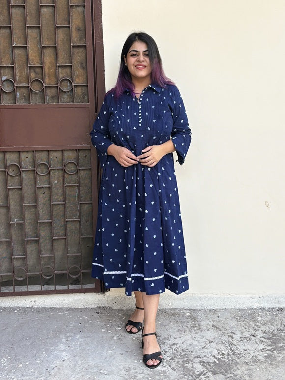 Lil Hearts Indigo Midi Dress with Pintuck Detailing