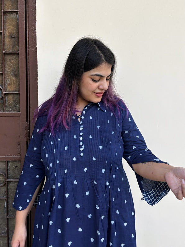 Lil Hearts Indigo Midi Dress with Pintuck Detailing