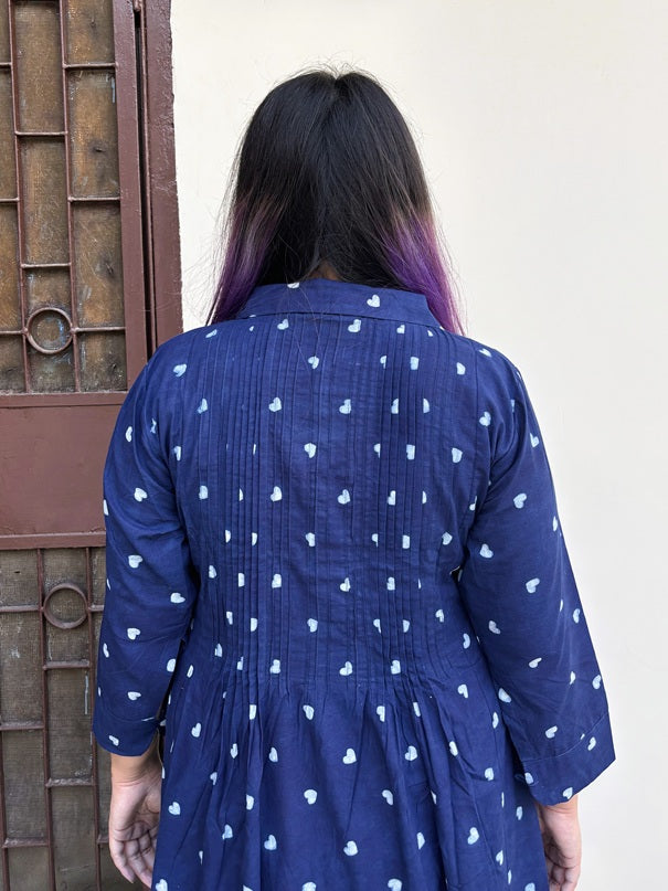 Lil Hearts Indigo Midi Dress with Pintuck Detailing