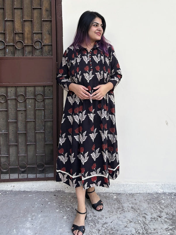 Raag Phool Hand Block Printed Midi Dress with Pintuck Detailing