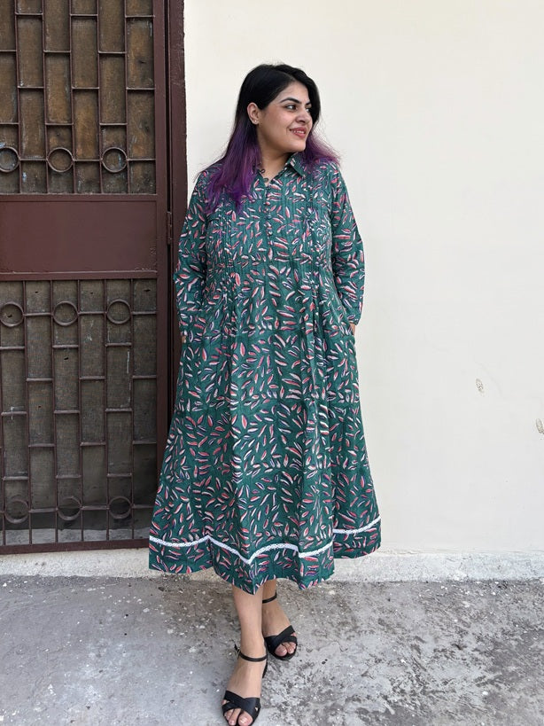 Patta Pop Hand Block Printed Midi Dress with Pintuck Detailing