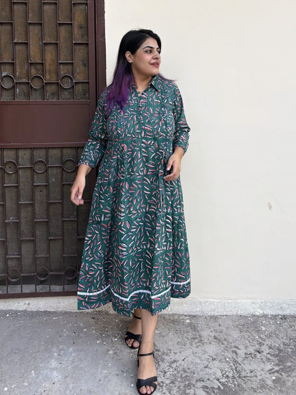 Patta Pop Hand Block Printed Midi Dress with Pintuck Detailing