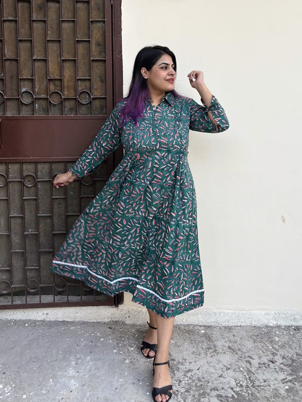 Patta Pop Hand Block Printed Midi Dress with Pintuck Detailing