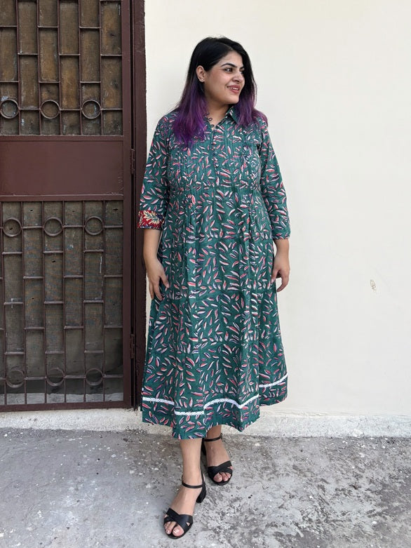 Patta Pop Hand Block Printed Midi Dress with Pintuck Detailing