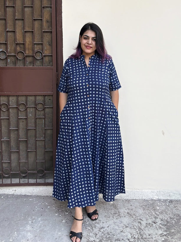 Daisy Hand Block printed A Line Maxi Shirt Dress