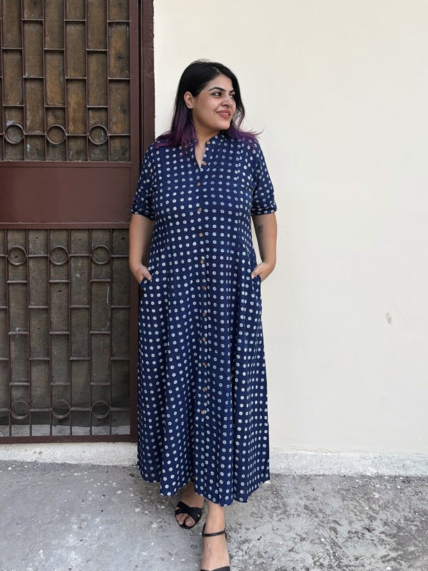 Daisy Hand Block printed A Line Maxi Shirt Dress