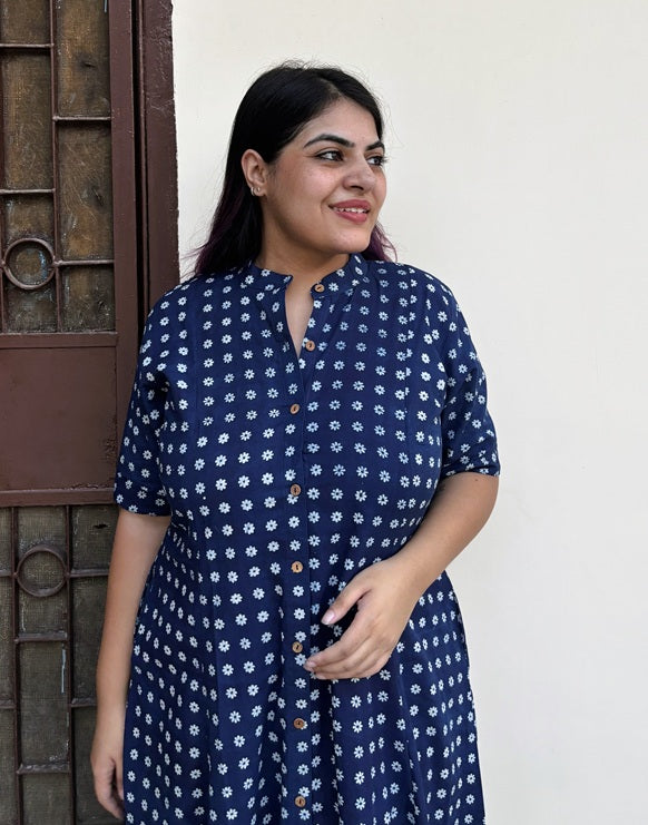 Daisy Hand Block printed A Line Maxi Shirt Dress