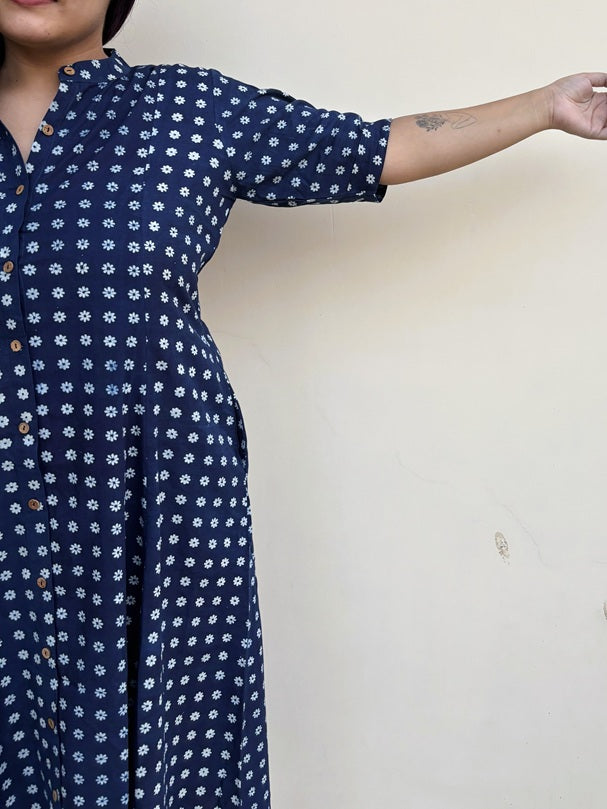 Daisy Hand Block printed A Line Maxi Shirt Dress