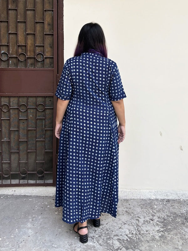 Daisy Hand Block printed A Line Maxi Shirt Dress