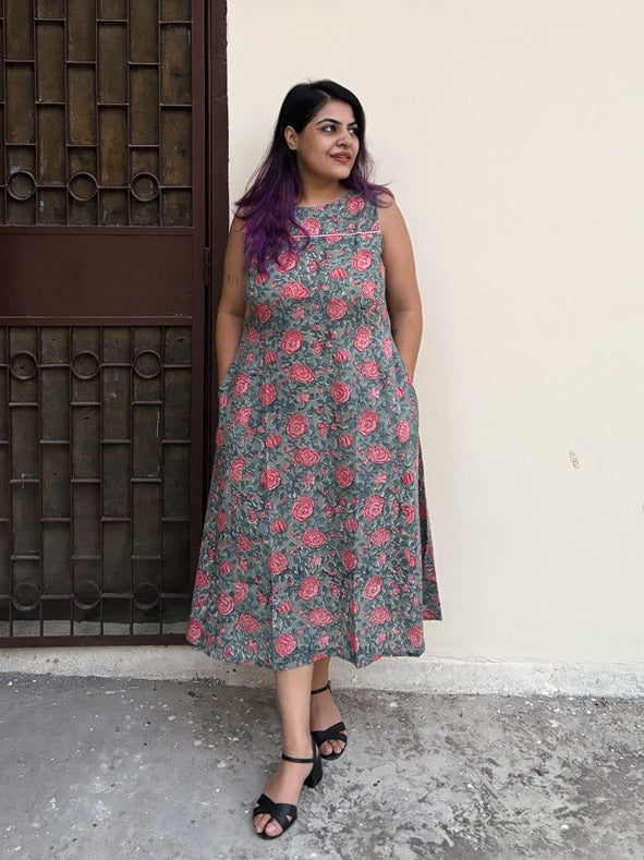Rozana Rose Hand Block Printed Midi Dress with Lace Detailing