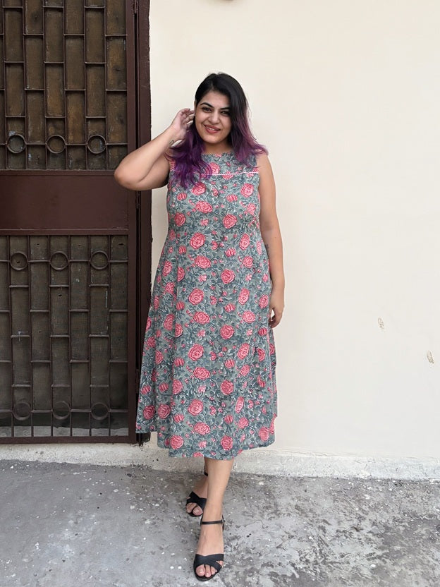 Rozana Rose Hand Block Printed Midi Dress with Lace Detailing