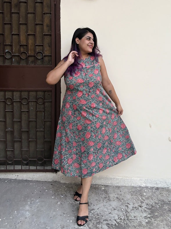 Rozana Rose Hand Block Printed Midi Dress with Lace Detailing