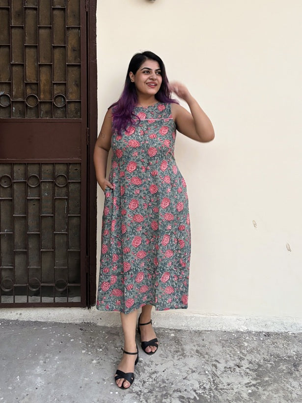 Rozana Rose Hand Block Printed Midi Dress with Lace Detailing