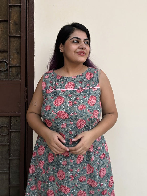 Rozana Rose Hand Block Printed Midi Dress with Lace Detailing