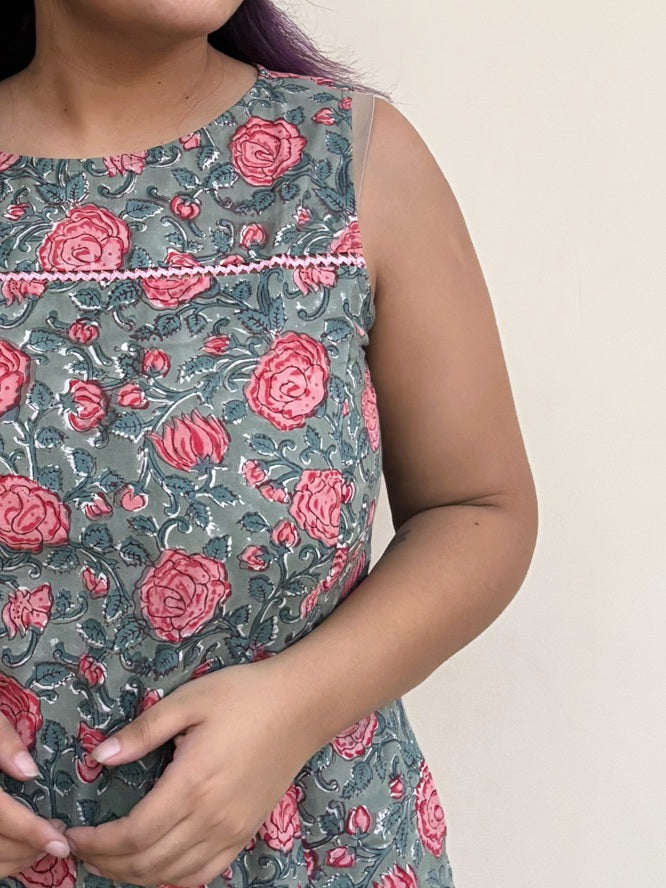 Rozana Rose Hand Block Printed Midi Dress with Lace Detailing