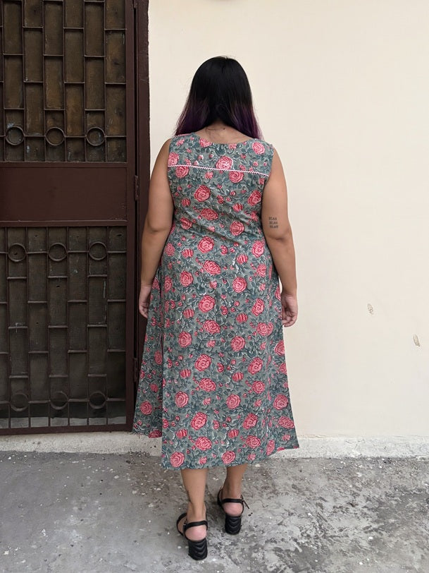 Rozana Rose Hand Block Printed Midi Dress with Lace Detailing